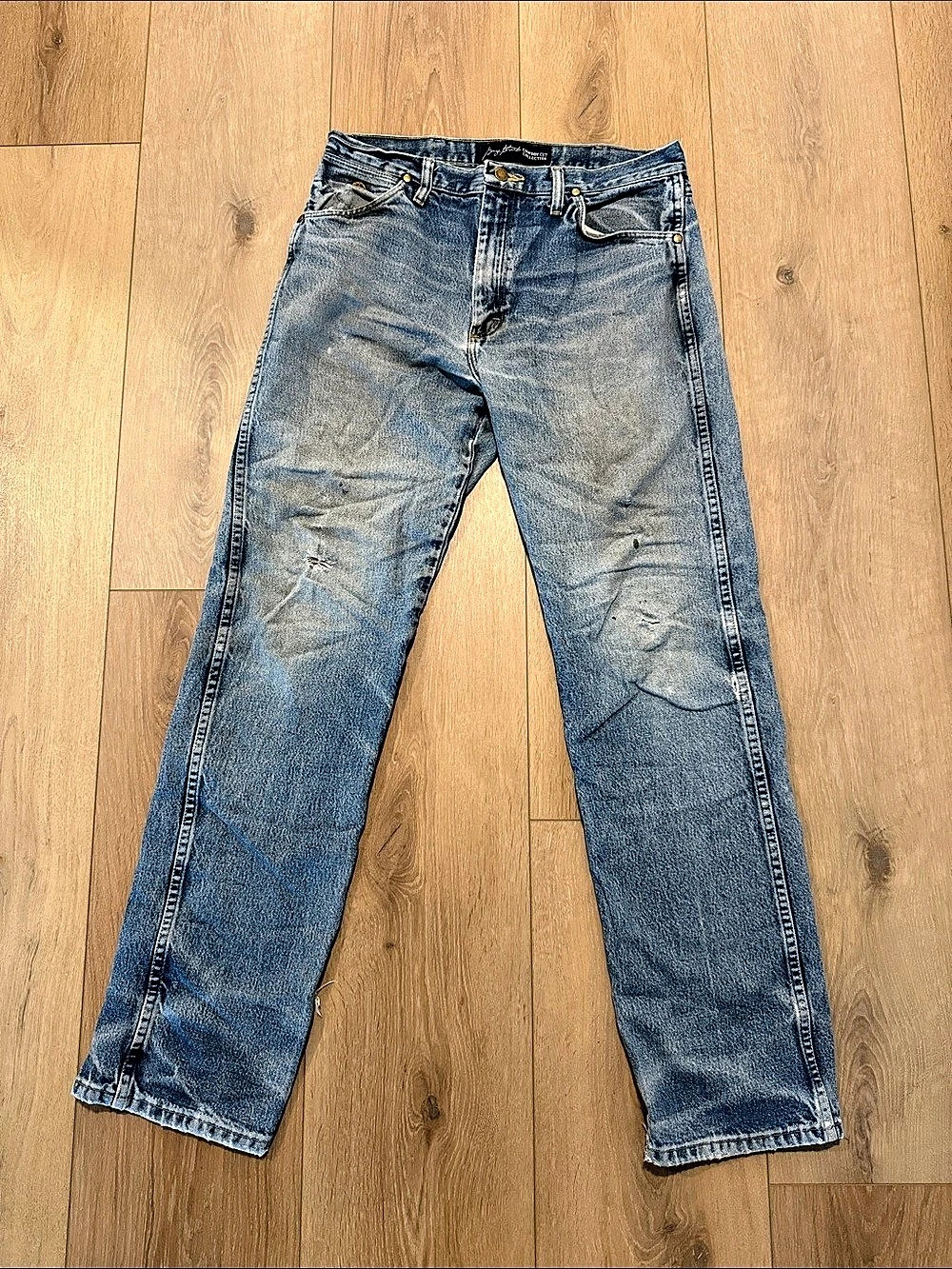 Distressed Wrangler Cowboy Cut Collection Bootcut Jeans in Blue Waist 33 x 34